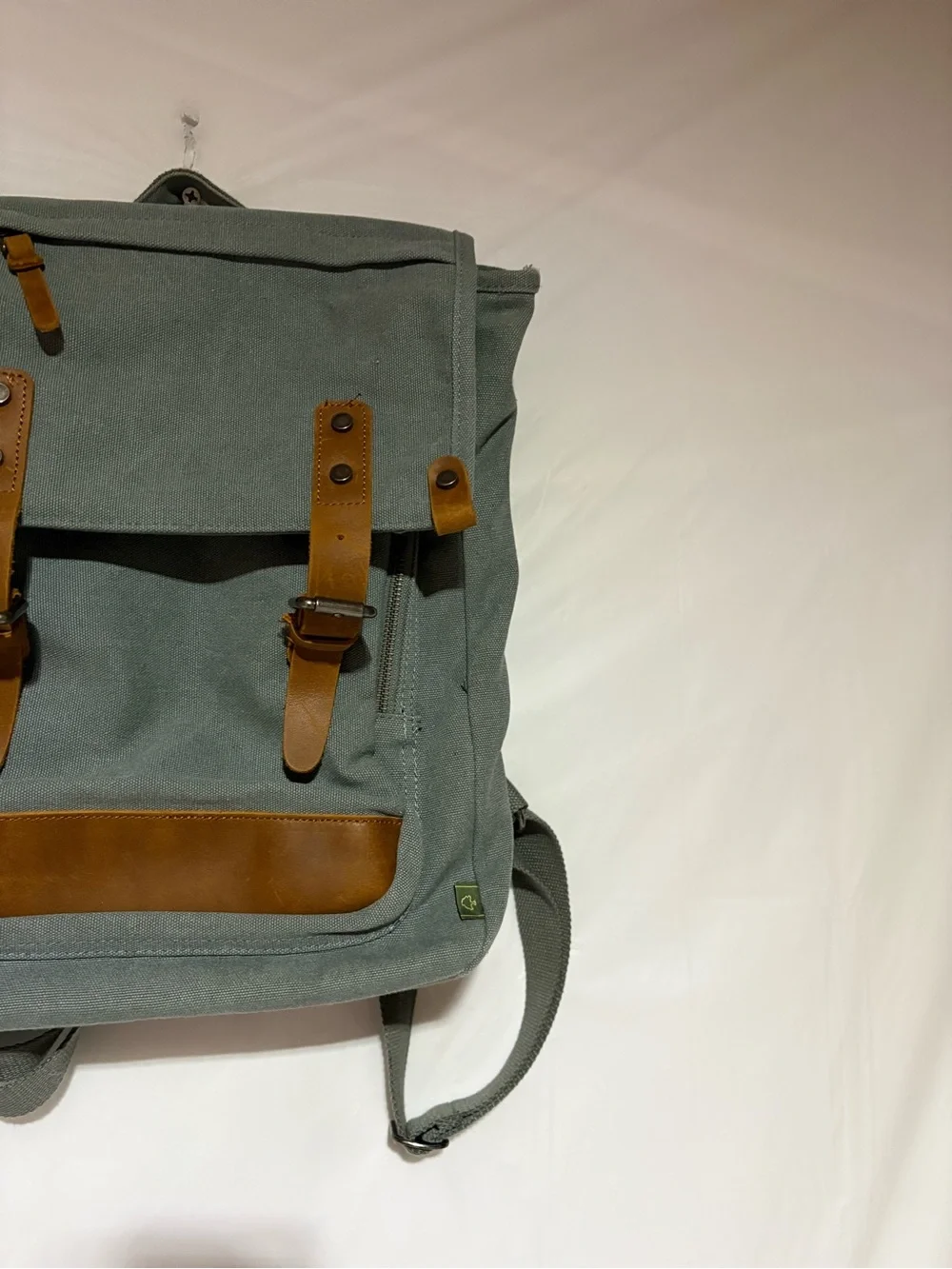 TSD Canvas Daypack Backpack with Tan Leather Accents - Green